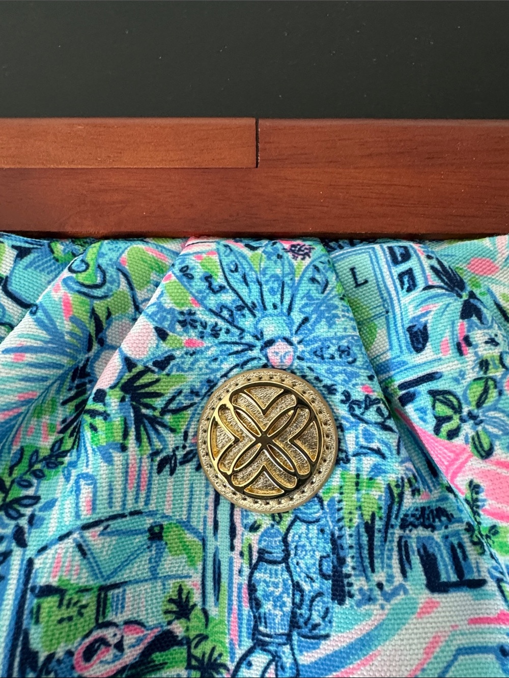 Lilly Pulitzer Turquoise Pink Blue Floral Clutch with Gold Medallion - Picture 2 of 6